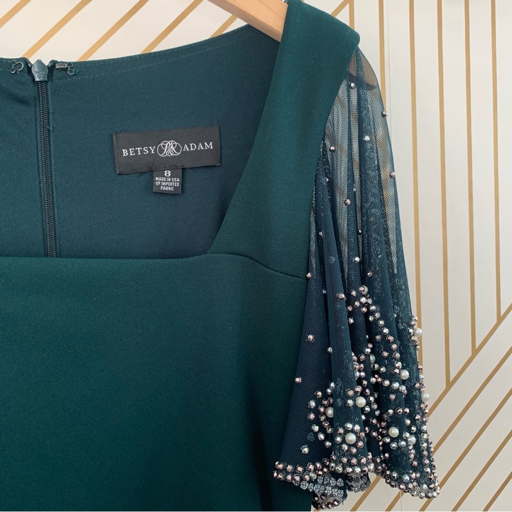 BETSY & ADAM Beaded Flutter-Sleeve Ruched Gown Square Neckline in Pine Green 8 - Picture 8 of 13